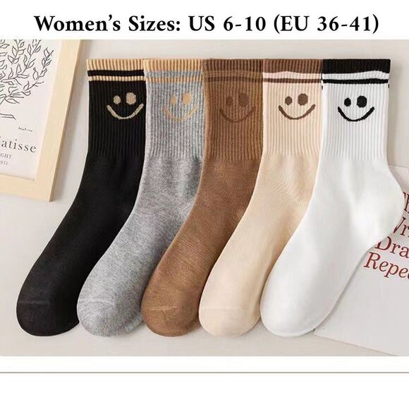 Women's 5 Pairs Cute Smiley Face Crew Socks, Comfy Daily All Season Socks - Picture 2 of 13